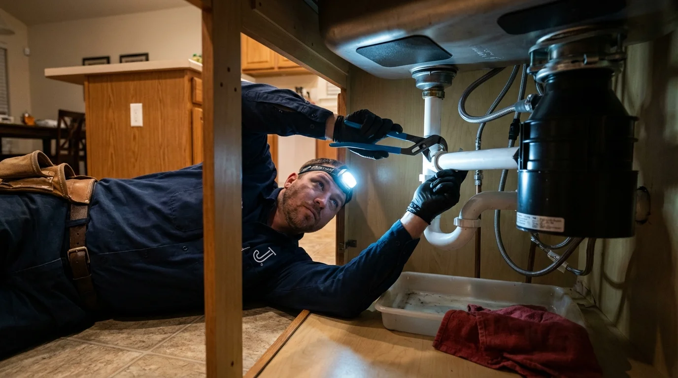 P-trap and supply line connections under a kitchen sink showing a common leak point in Raleigh, MS